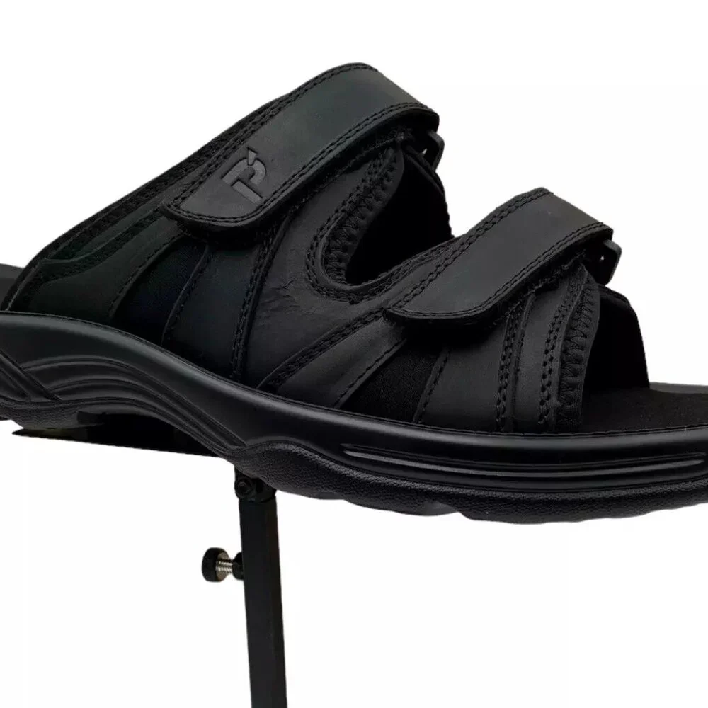 Propet Men's Slip-on Leather Sandals Size 10 Black Adjustable Straps Lightweight